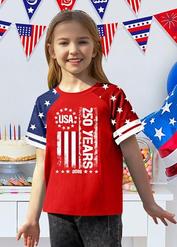 Image of CAZYCHILD Girls 4th of July USA Shirt American Flag Patriotic T-Shirt Independence Day Outfit for Kids 5-14Years