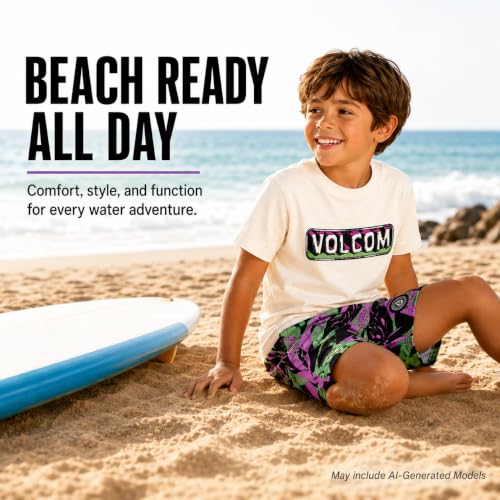 Image of Volcom Baby Boys Swim Set - 2 Piece Short Sleeve Swim Shirt Graphic Tees & Board Shorts - Infant Toddler Little Boys Swimsuit