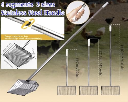 Image of Foandbevi Large Metal Chicken Poop Scooper, 4-in-1 Detachable Tool 20 to 63 inches, Metal Handle, Stainless Steel Chicken Coop Cleaning Tool, Heavy-Duty Poop Shovel for Chicken Coop Accessories
