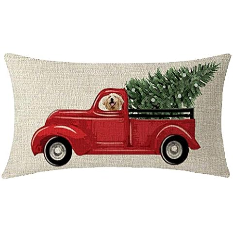 Andreannie Gift Merry Christmas Red Pickup Truck with Christmas Tree and Dog Cotton Linen Decorative Lumbar Throw Pillow Case Cushion Cover 12x20 Inches (Christmas E)¡­ Cover