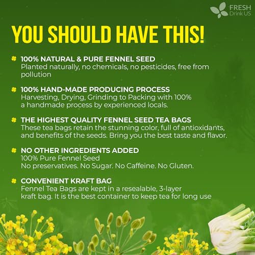 Image of FreshDrinkUS, Premium 135 Fennel Tea Bags, 100% Natural & Pure from Fennel Seeds. Made with Natural Material Tea Bags. No Sugar, No Caffeine, No Gluten, Vegan.