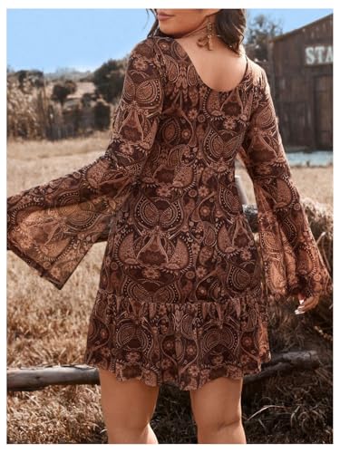 Verdusa Women's Plus Size Paisley Print Tie Short Dress Boho Bell Sleeve V Neck Ruffle Dresses2