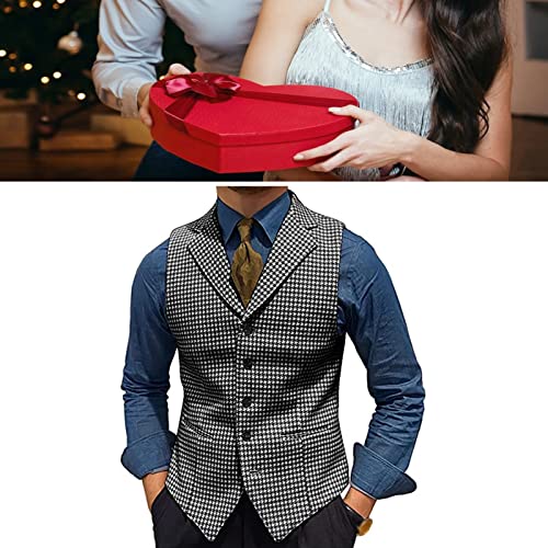 Men's Tweed Plaid Lapel Suit Vest Casual Formal Dress Waistcoat Tank Top With 5 Buttons And 2 Pockets For Work Party ( Color : Brown , Size : X-Large ) #TOP6