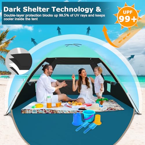 Image of COMMOUDS Beach Tent Sun Shade for 3 /4-5 /6-7 /8-10 Person, UPF 50+ Beach Sun Shelter Canopy Tent, Lightweight, Easy Set Up and Carry