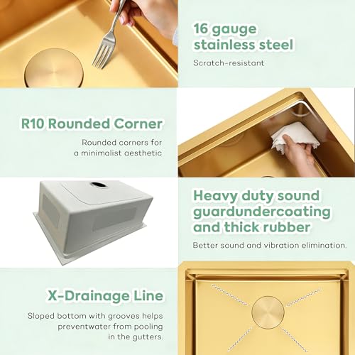 Image of Gold Undermount Kitchen Sink,16 Gauge SUS304 Stainless Steel All In One Workstation Sinks with Full Set Accessories, 32 inch x 18 inch x 10 inch Large and Deep Handmade Single Bowl Kitchen Sinks