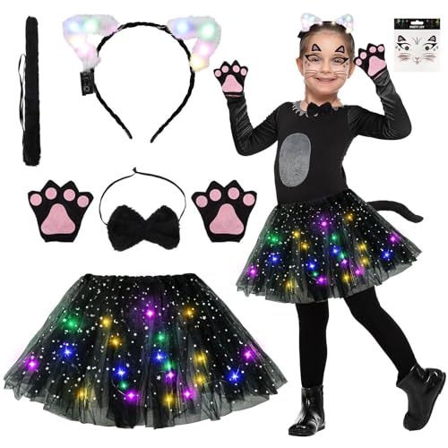 Aitsite Halloween Rock Katze Kostüm Kinder, Leuchtende Kinder KatzeKostüm, HalloweenKostüm Mädchen, LED Tutu Tüllrock KatzeKostüm, Tutu Rock mit Katze Headband, Krawatte, Handschuhe und Schwanz
