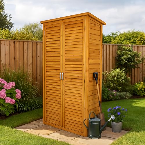Airwave Wooden Garden Storage Tool Shed | Outdoor Weatherproof Utility Cupboard Cabinet for Tools, Cushions, Toys | Functional Internal Shelves | Louvre Door Design | Fir Wood (Tall)