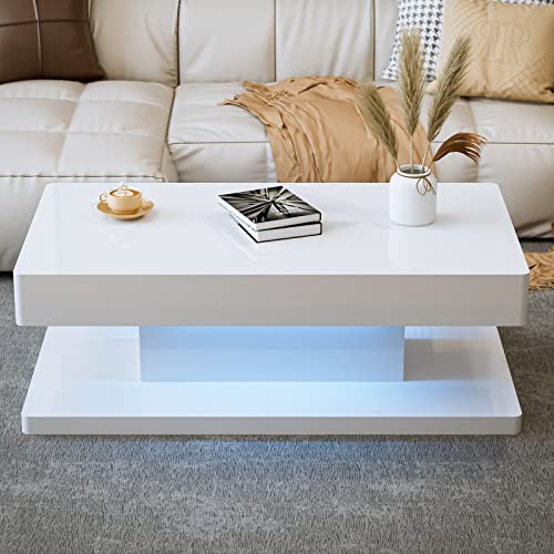 Ikifly Modern Led Coffee Table With Drawer, White High Glossy Rectangle Coffee End Table With 16 Colors Led Lights For Living Room Bedroom #TOP6