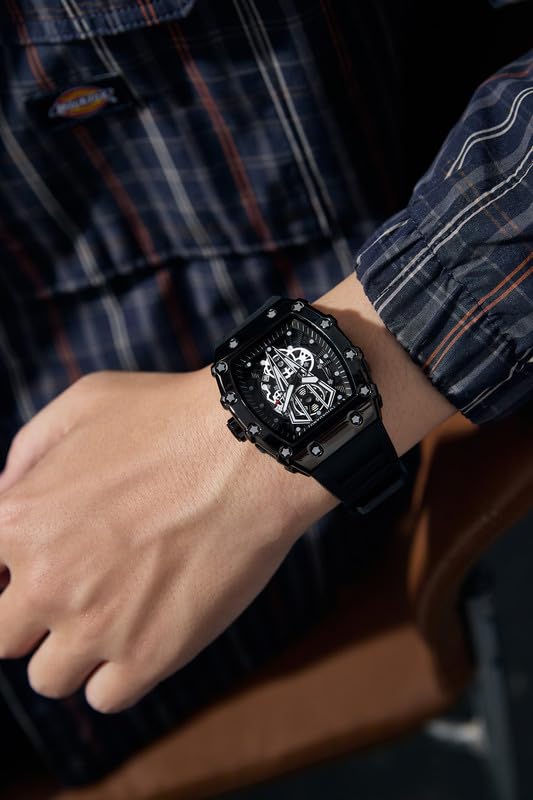 Image of Giordano Analog Quartz Watch for Men with Skeleton Rectangle Dial, Date Function, Luminous Hands and Markers, Silicone Strap - GZ-50237