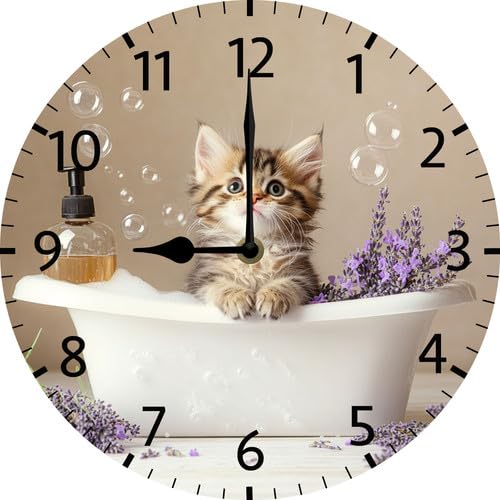 Vdenvileye Funny Cute Kitten Relaxing in Bathtub Wooden Round Bathroom Clock Small Wall Clock Silent No Tick Battery Operated for Farmhouse Wall Decor (25cm)