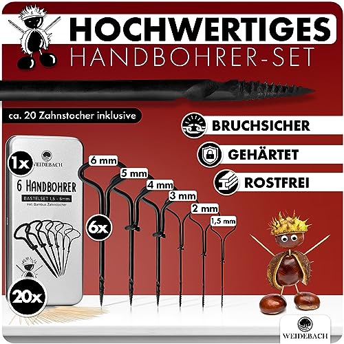 WEIDEBACH® 6-teiliges Kastanienbohrer Set, 1,5-6 mm Bohrer + 20 Zahnstocher zum Basteln in Alubox, Kastanien-Bastelset, Kastanienset… – Ansicht 2