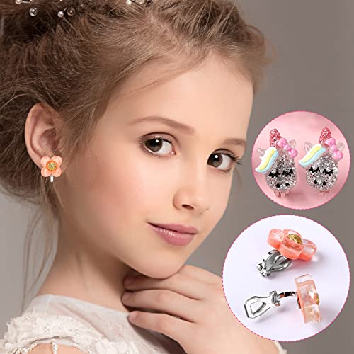 Unicorn Clip On Earrings for Little Girls, Bling Flower and Cat Earrings, Toddler Girls Dress Up Jewelry, 6 Pairs, Best Gift-B4