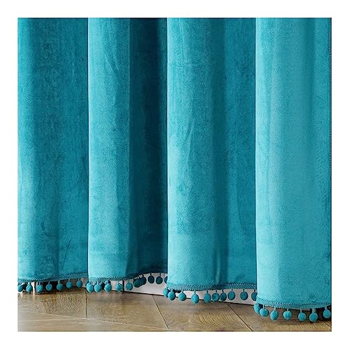 Image of Amazon Brand - Umi Velvet Eyelet Door Curtains with pom pom Lace for Living Room Bedroom Kitchen 1 pc Pack in Teal Color (Windows - 4 feet x 6 feet)