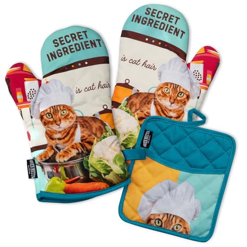 Oven Mitts Co. Secret Ingredient is Cat Hair - Oven Mitts and Pot Holder 3pcs Set, Insulated, 100% Cotton, Funny Cat, Gift for Cat Lover