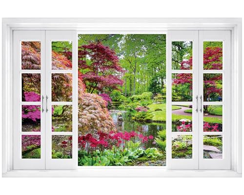 FLFK Fake Window Wall Mural - Garden View with Maple Treest Peel and Stick Decal, 48 x 32 inches, Set of 2 Sheets