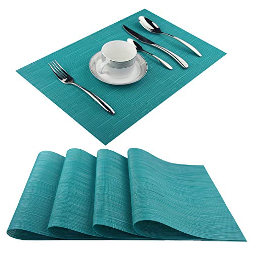 Vinyl Placemats,Washable Table Mats Easy to Clean Woven Placemats for Dining Table Set of 4(Cyan Blue)