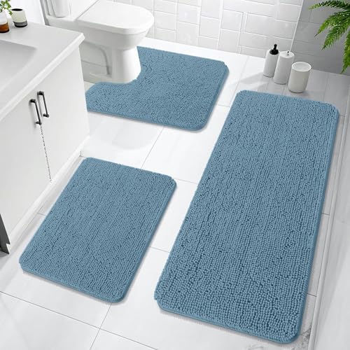 OLANLY Bathroom Rugs Sets 3 Piece, 47"x20"+24"x16"+24"x20", Airy Blue
