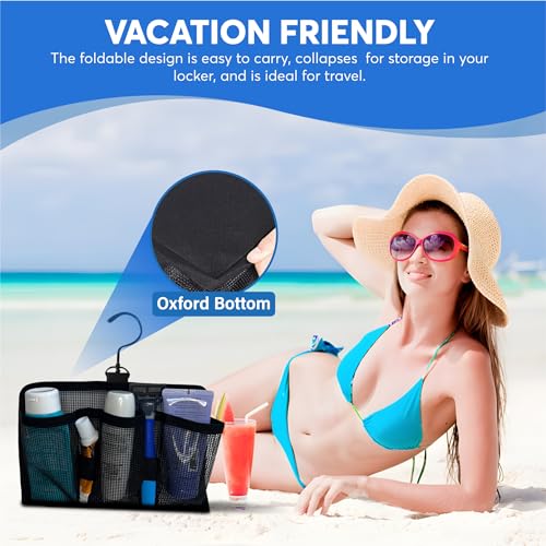 Generic Hangable Mesh Shower Travel Kit Caddy - Large Capacity Travel Organizer with 3 Compartments and 2 Elastic Bands (black) (Swivel Hook)3