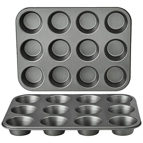 Amazon Basics Nonstick Round Muffin Baking Pan, 12 Cups, Set of 2, Gray, 13.9×10.55×1.22″