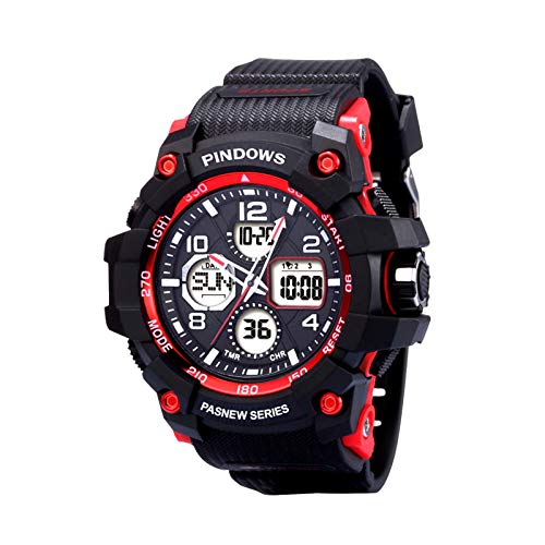 Men's Digital Sports Watch Outdoor 50M Waterproof Military Watch Date Multifunction LED Backlighting Stopwatch Analog Digital Dual Display 12H/24H (Black red)