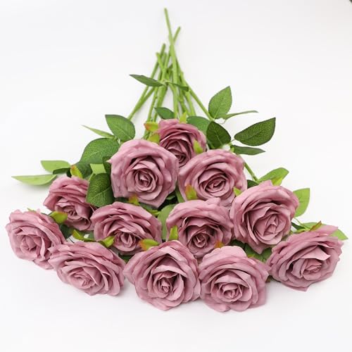 LVEFIT 12pcs Artificial Rose Flower Mauve Rose Flower with Long Stem Silk Roses Bouquet for Wedding Bridal Shower Party Home Decoration