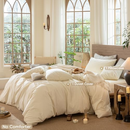 Image of MooMee Wavy Striped Duvet Cover Set 100% Washed Cotton Linen Like Textured Breathable Durable Soft Comfy (Cream White, Twin 68 inchx90 inch)