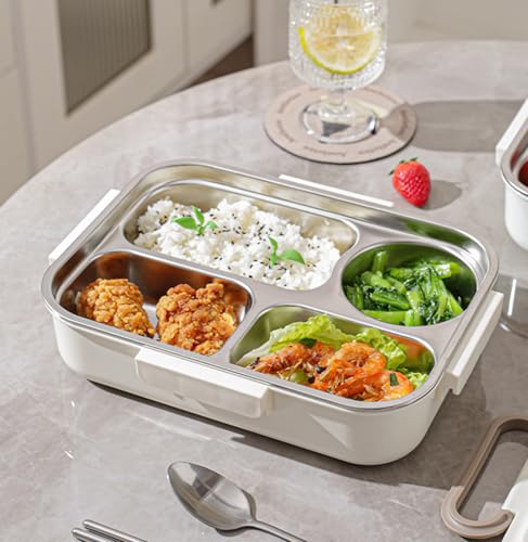 Image of House of Quirk Stainless Steel Lunch Box | 304 Multi-Layer Bento Box with Bag, Compartments & Utensils | Leakproof, Microwave & Dishwasher Safe Food Container (Beige /Brown)