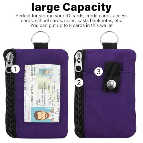 Image of Minimalist RFID Wallet with Lanyard, Multi-functional ID Case with 2 Zipper Pockets and Key Chain for Men and Women, Tactical Badge Pouch Cards Holder, Coin Purse for Travel Sports - Dark Purple