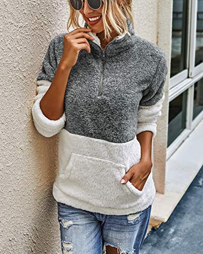 BTFBM Womens Sherpa Pullover Quarter Zip Long Sleeve Fluffy Soft Fleece Jackets Sweaters Sweatshirts Hoodies Outwear Coat (Grey, Large)
