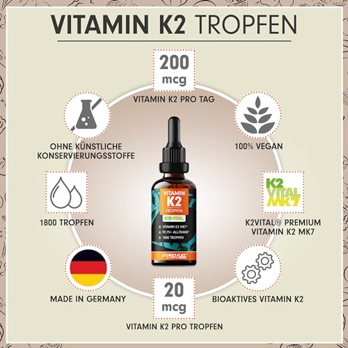 Vitamin K2 Tropfen hochdosiert 1800x (50ml) - 200 µg Vitamin K2 MK7, Pharmaquinone® Premium Vit. K2 hochdosiert mit 99,7+% all-trans-Gehalt - laborgeprüft mit Zertifikat - 100% vegan