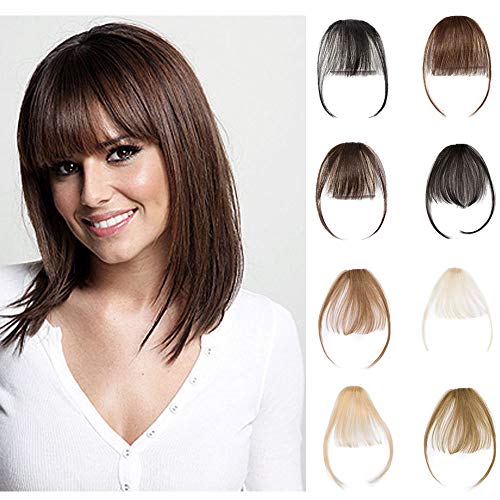 Clip In Air Bangs 100% Remy Human Hair Extensions One Piece front Neat Air Fringe Hand Tied Straight Flat Bangs Clip On Hairpiece With Temples For Women #4 Medium Brown 3g