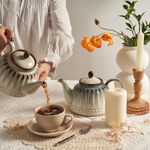 Sweese Ceramic Teapot with Beaded Retro Floral Glaze, 1100ml/37 oz Large Tea Pot for Loose Leaf or Tea Bags, Serves 4 Cups, Nebula Blue - Image 4