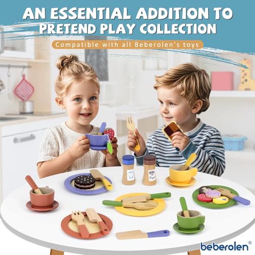 Image of Wooden Play Dishes and Plates for Kids Kitchen Set Accessories