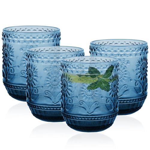 Ulable Drinking Glasses Set of 4-360ml/12oz Vintage Tumbler Glasses - Decorative Floral Embossed Water Glasses - Heavy Duty Glassware Beverages Tumblers for Whisky, Beer, Juice, Wine, Blue