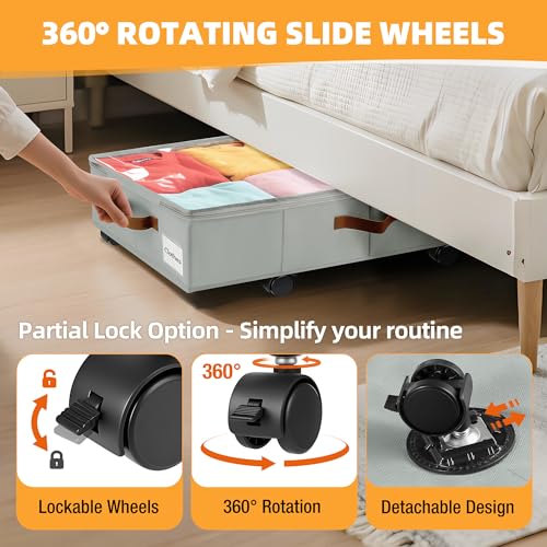 Image of Under Bed Storage with Wheels,Underbed Storage with Sturdy Sidewalls /Bottom, Clear Cover, Label and PU Handle, Rolling Under Bed Drawers for Clothes, Shoes, 5.5 Inch Height,Grey, 2 Pack