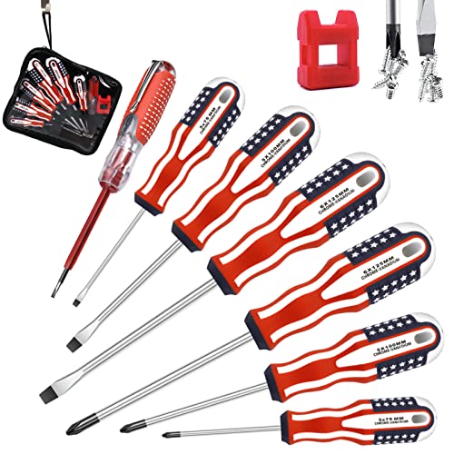 Chrome-Vanadium Screwdriver Set 8 Pcs - 3 Phillips, 3 Flathead+Voltage Tester With Magnetizer/Demagnetizer For Magnetic Tips, American Pattern Non-Slip Cushion Grip For Household Repair, Improvement #TOP25
