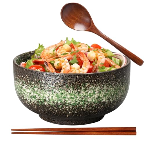 Cuenco de cerámica japonesa con cuchara, palillos - Ensaladera de sopa de porcelana