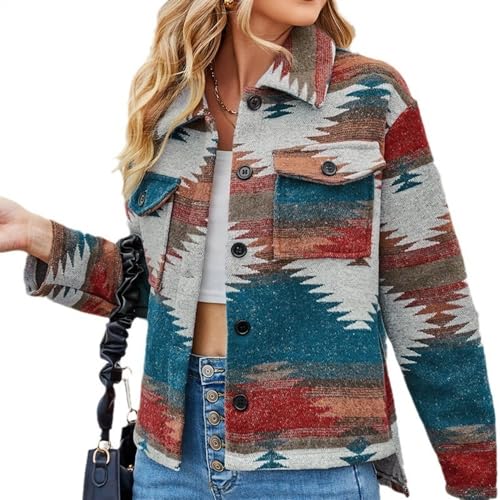Women's Collar Single Breasted Geometric Pattern Thick Shirt Fashionable Wool Cardigan Jacket4
