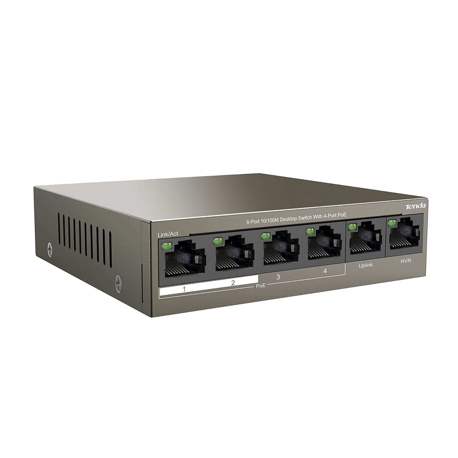 Tenda 6 Port Fast Ethernet PoE Anahtarı, 4 PoE+ Bağlantı Noktası, Uplink ve NVR Bağlantı Noktası (QoS, Tak ve Çalıştır, IEEE-802.3af/at, Fansız, 250 m Menzil, Metal Gövde) (TEF1106P-4-63W)
