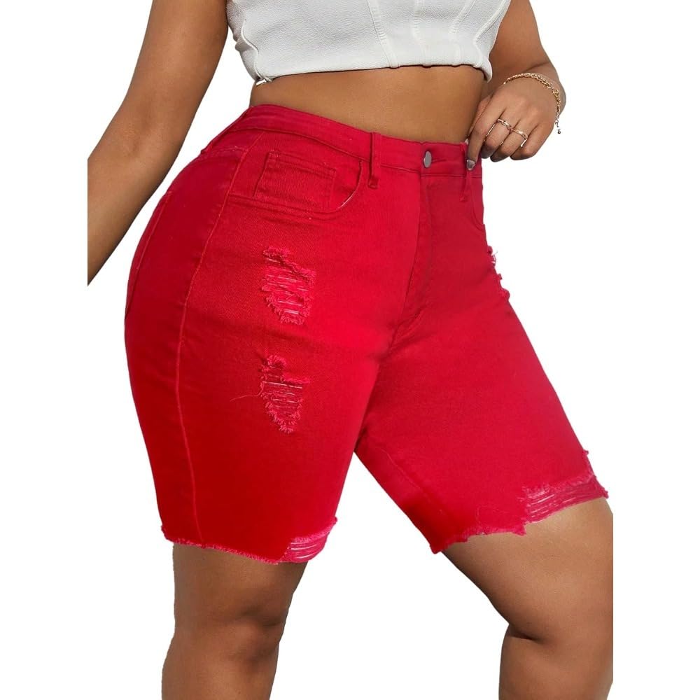 GIOPSQ Plus Size Women’s High Waisted Distressed Denim Shorts Frayed Hem Ripped Bermuda Style Ladies/A/XXL
