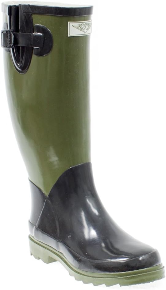 Forever Young Women's Rain Boots Rubber Flat Mid Calf Wellies (Black/Olive) (6)