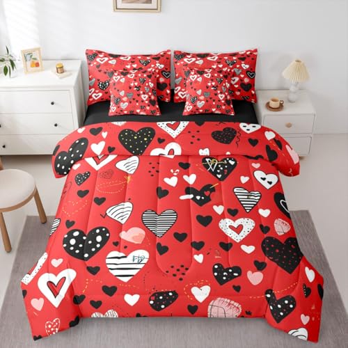 Image of Erosebridal Love Heart Comforter Set Full 7 Piece Red Heart Shaped Bed in A Bag Romantic Valentine Theme Bedding Sets for Kids Girls Geometric Stripes Sheet Set with Comforter