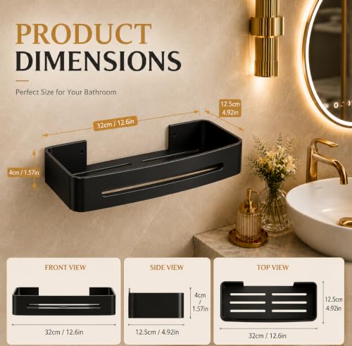 Image of Hallstatt Pack of 2 Aluminum Bathroom Shelf with Removable Hooks, Wall Mounted Bathroom Organizer Shelves Storage Rack Holder Stand for Bathroom Accessories Set with Drill Installation - Black