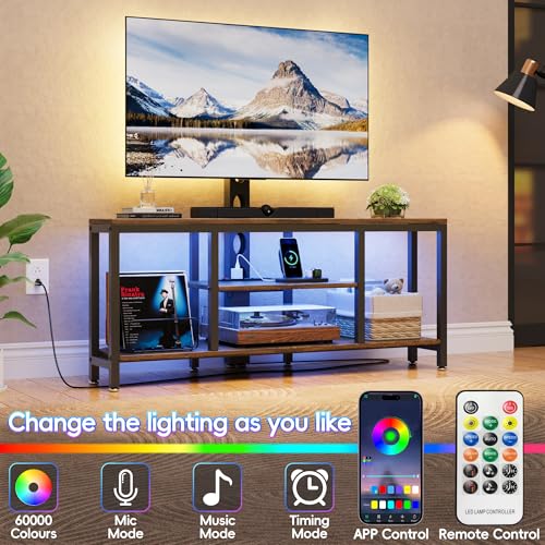 Image of Corner TV Stand Entertainment Center with Mount for Living Room, 32-65 inch TV | TV Console with Led Lights & Power Outlet, Height Adjustable Swivel TV Cabinet with Open Storage Shelf for Bedroom, Brown