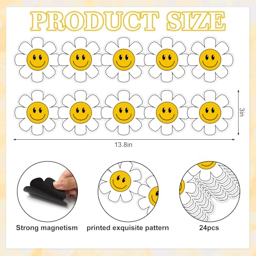 Image of Whaline 24 Pcs Daisy Flower Magnetic Bulletin Board Border Retro Smile Daisy Floral Magnetic Strips Border Trim for Back to School Office Classroom Decor