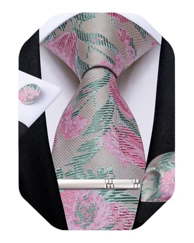 Image of DiBanGu Silk Floral Ties for Men Woven Paisley Necktie and Tie Clip Handkerchief Cufflinks Set for Party Wedding
