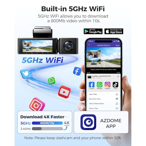 Image of AZDOME M550 Pro5G WiFi 3Channel Dash Cam for Car Built-in GPS, 4K+1080P Dual Dashcam for Front and Rear 1440P+1080P, 512GB, 3.19 inch IPS Screen, IR Night Vision, 24H Parking Mode - Car Accessories
