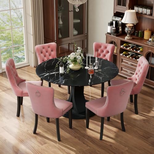 Image of 7-Piece Dining Table Set for 6 with 47 In Black Faux Marble Round Table | Circle Dining Room Table with 6 Velvet Upholstered Chairs, Modern Scandinavian Furniture for Dining Room Kitchen (Pink)