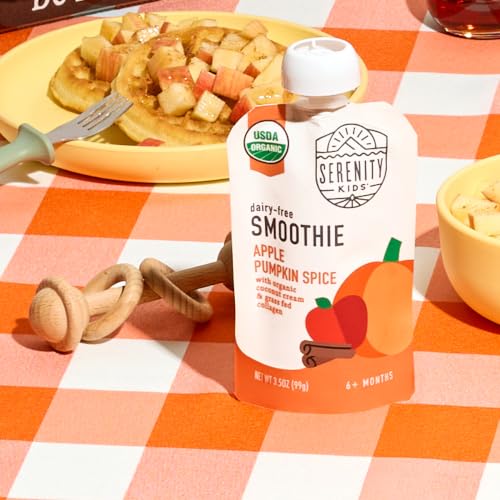 Image of Serenity Kids Organic Apple Pumpkin Spice Pouch, Toddler Snacks, 3.5 OZ | 5g Grass-Fed Collagen Protein Smoothie, USDA Organic Dairy-Free, Breakfast Smoothie, Travel Snacks, Gluten Free Snacks