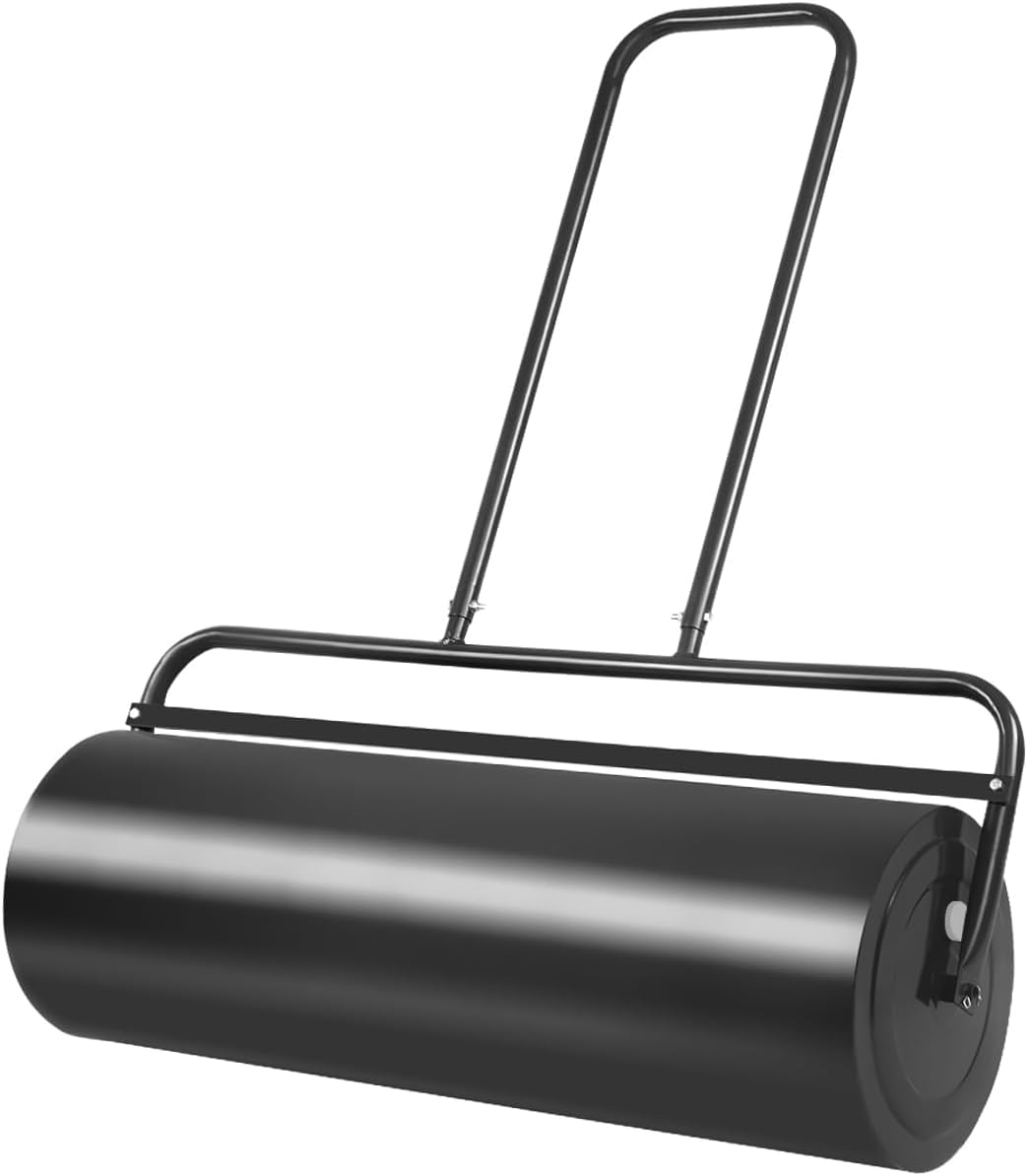 GOPLUS Rodillo de Césped para Jardín de Acero 48 L/63 L, Rodillo Manual Rellenable con Agua o Arena, Apisonadora de Césped (48 L, Negro)